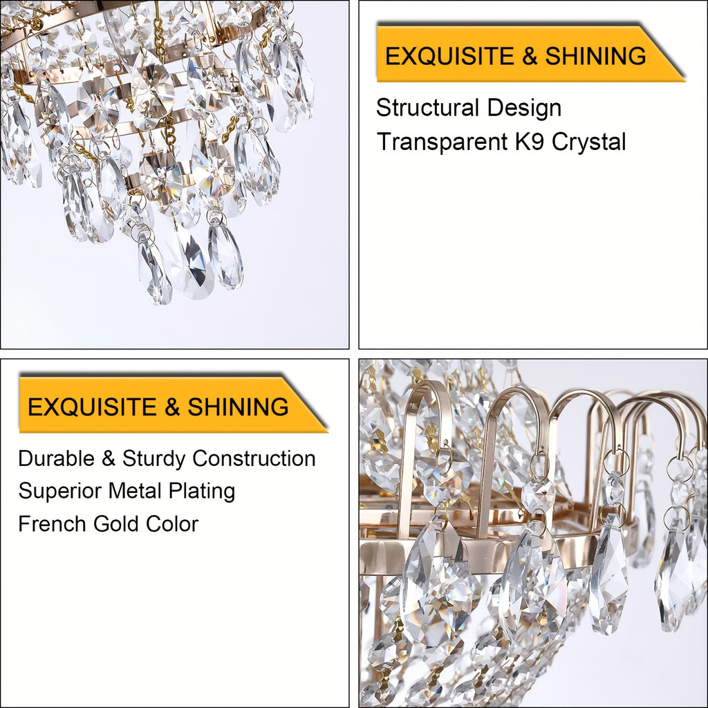 7-light crystal chandelier, French gold, D 16.9 "x H 26.9" luxury chandelier, used in restaurants, lighting fixtures with raindrops close to the ceiling, E12 light bulb, used in living rooms, bathrooms, foyers, and kitchens
