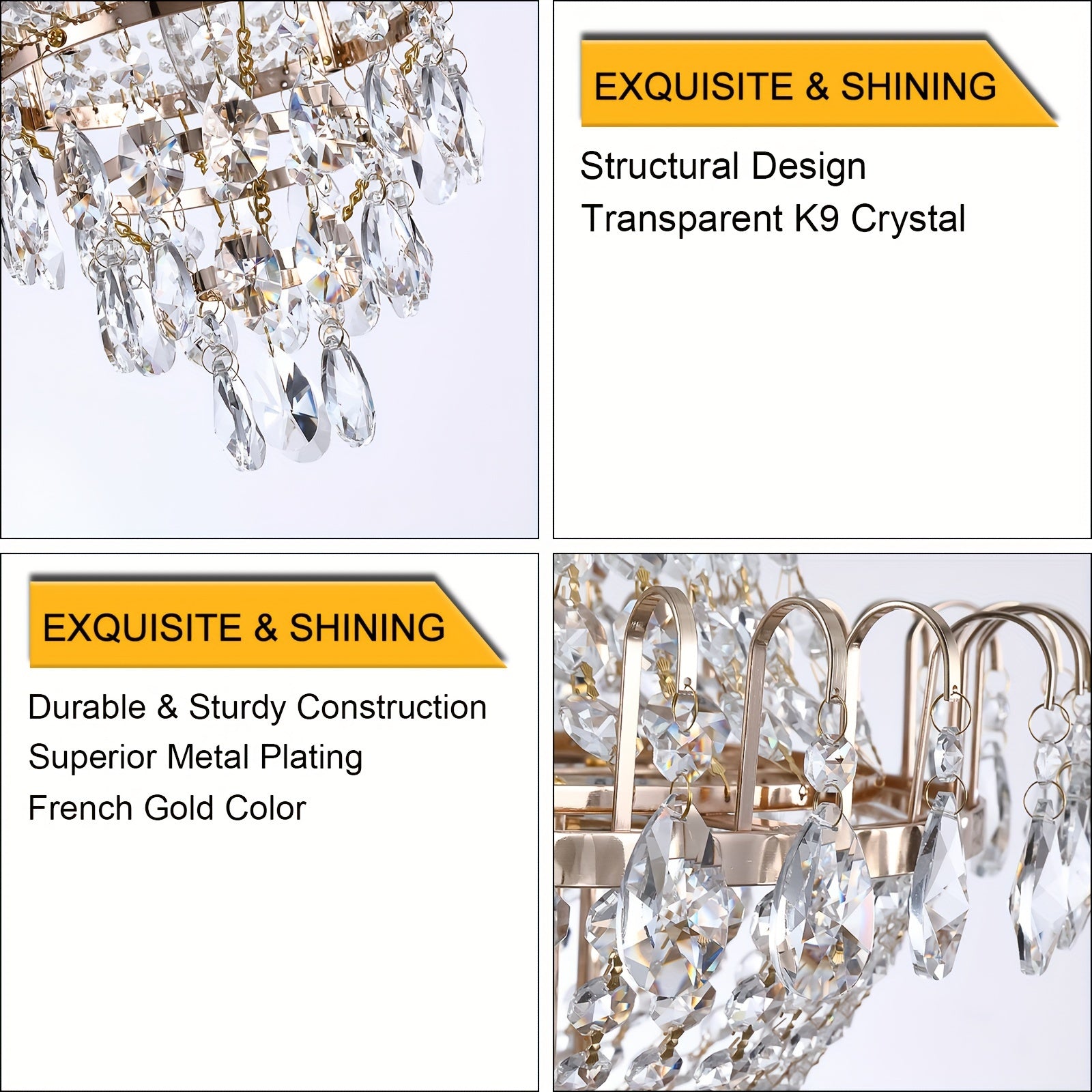 7-light crystal chandelier, French gold, D 16.9 "x H 26.9" luxury chandelier, used in restaurants, lighting fixtures with raindrops close to the ceiling, E12 light bulb, used in living rooms, bathrooms, foyers, and kitchens