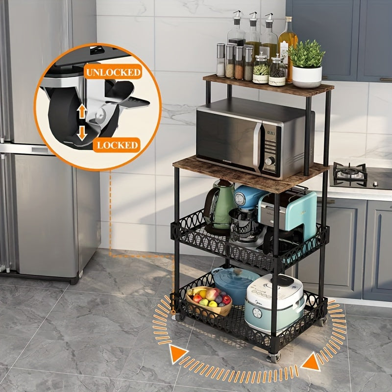 Versatile 4-Tier Stainless Steel Microwave Stand with Wheels - Perfect for Kitchen & Restaurant Storage Solutions