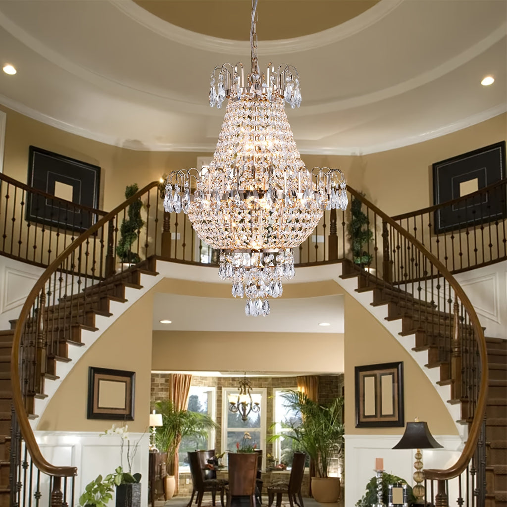 7-light crystal chandelier, French gold, D 16.9 "x H 26.9" luxury chandelier, used in restaurants, lighting fixtures with raindrops close to the ceiling, E12 light bulb, used in living rooms, bathrooms, foyers, and kitchens